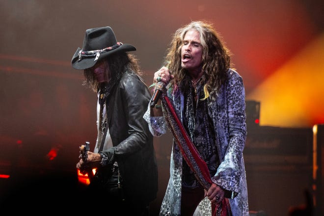 (L-R) Joe Perry and Steven Tyler of Aerosmith perform live on stage at the Wells Fargo Center on September 02, 2023 in Philadelphia, Pennsylvania.