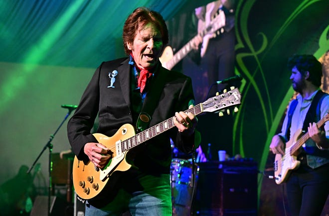 US singer-songwriter John Fogerty, of the band Credence Clearwater Revival, performs with his children during the closing concert of the 27th annual Milken Institute Global Conference at the Beverly Hilton in Los Angeles on May 8, 2024.