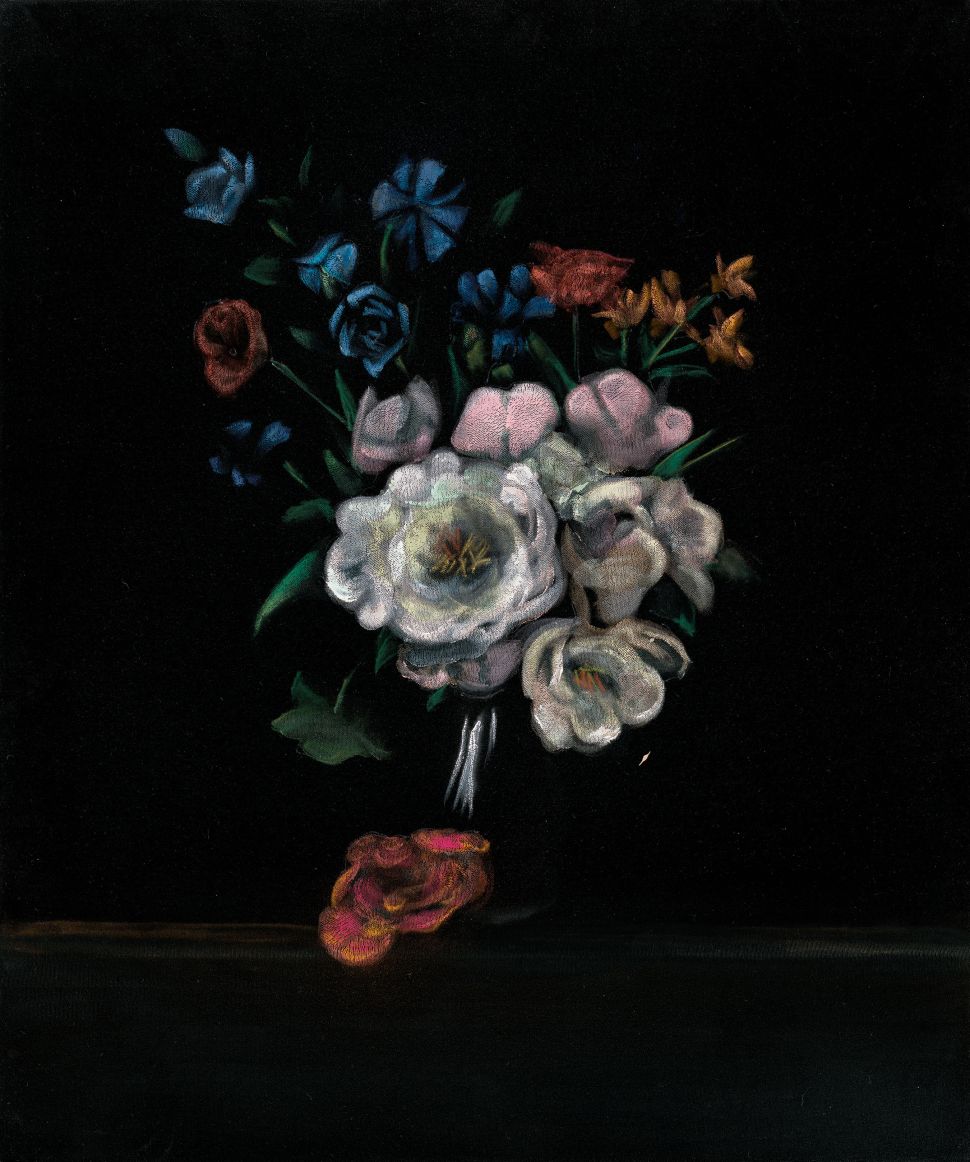 A still life painting of flowers