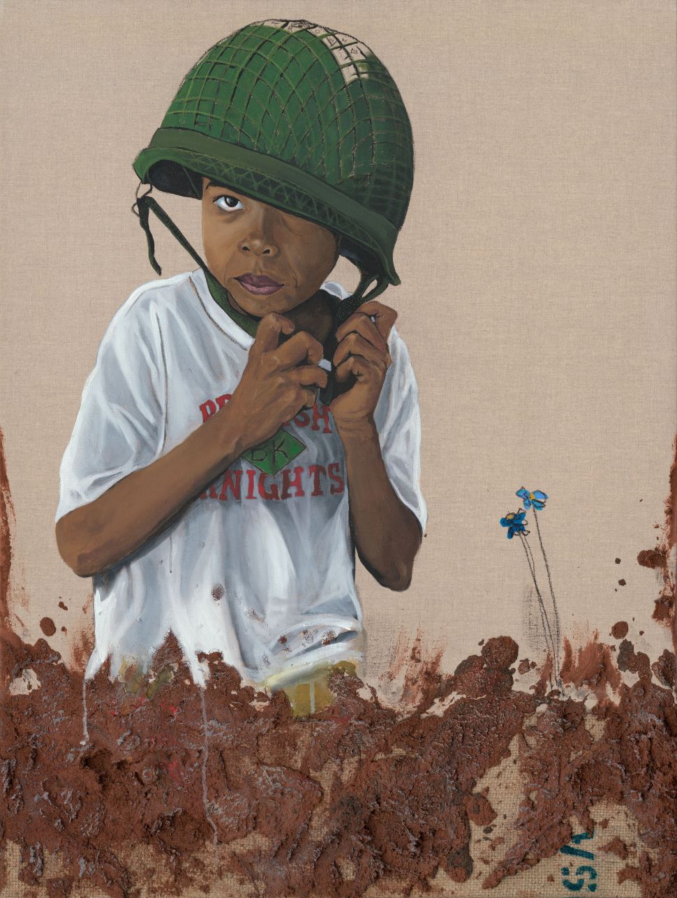 A painting of a young boy wearing an army helmet