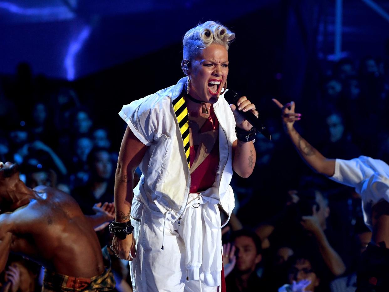 Pink performs at the 2017 VMAs.