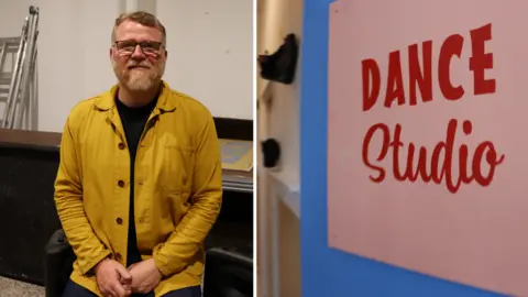 Neal Campbell in a mustard shirt and black tshirt, 
(right image) a door with a pink and red sign that reads "dance studio"