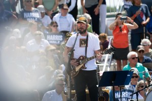 EAU CLAIRE, WISCONSIN - AUGUST 7: The band Bon Iver performs during a campaign rally for Democratic presidential candidate, U.S. Vice President Kamala Harris and Democratic vice presidential candidate Minnesota Gov. Tim Walz on August 7, 2024 in Eau Claire, Wisconsin. Harris announced yesterday that Walz would join her campaign as her running mate. (Photo by Stephen Maturen/Getty Images)