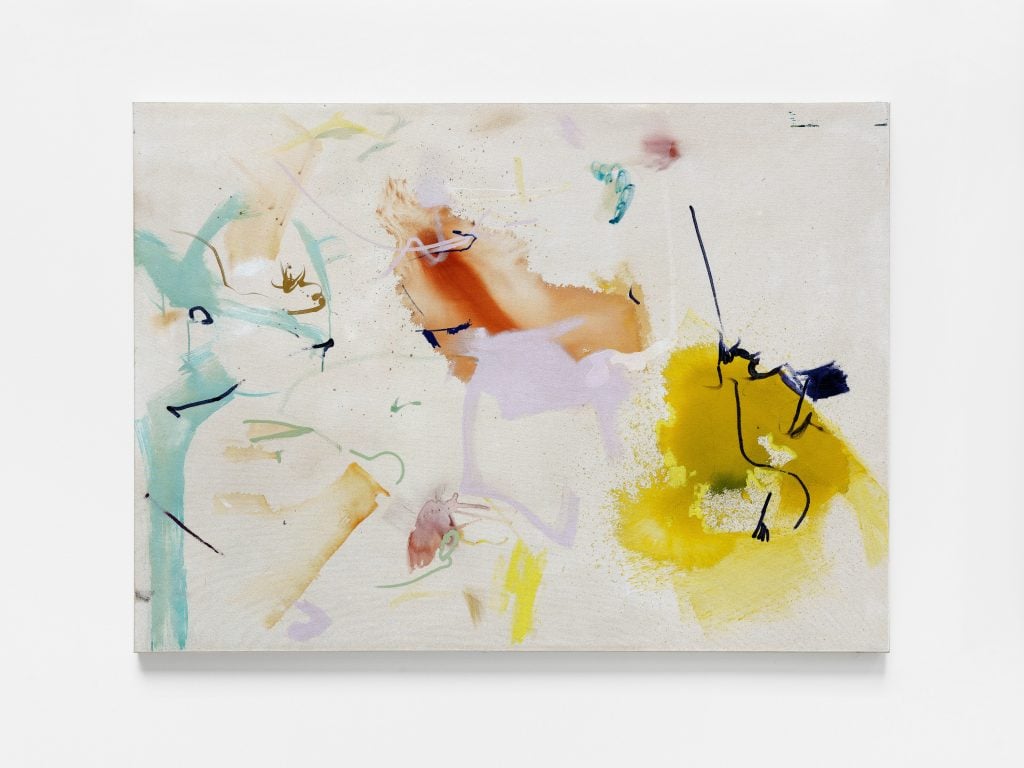 An abstract acrylic and ink on canvas composition with blotches of pale turquoise, umber, and mustard yellow, found on the Artnet Gallery Network.