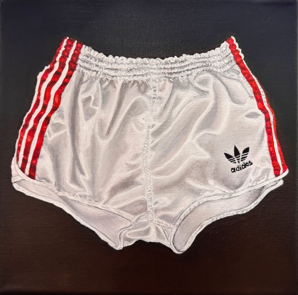 An oil painting of a pair of white Addidas short shorts with three red stripes along each side and the logo on the bottom right of the shorts against an all black background, artwork found on the Artnet Gallery Network.