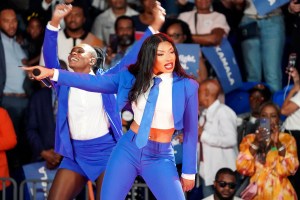 ATLANTA, GEORGIA - JULY 30: Megan Thee Stallion performs onstage at a campaign rally for Democratic presidential candidate, U.S. Vice President Kamala Harris at the Georgia State Convocation Center on July 30, 2024 in Atlanta, Georgia. (Photo by Julia Beverly/Getty Images)