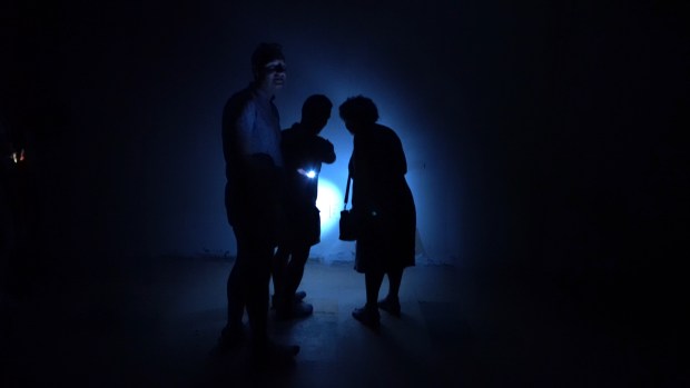 Attendees use flashlights to participate in Derrick Adams's interactive art installation. (Todd Evans/Handout)