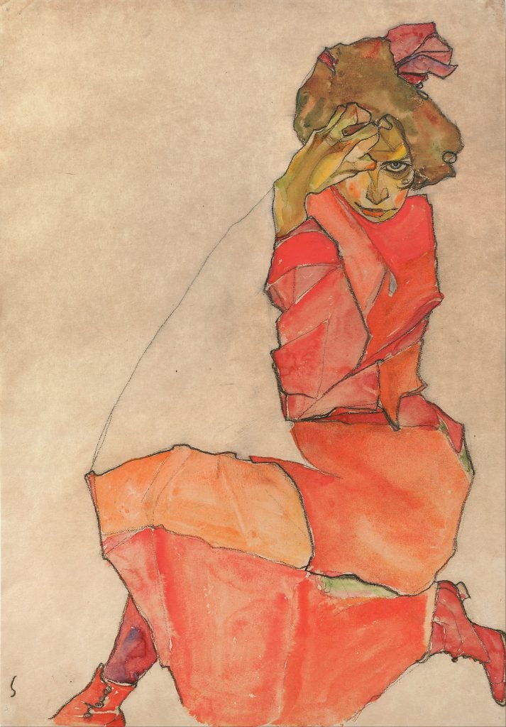 Egon Schiele, Kneeling Female in Orange-Red Dress (1910). The model for the work was the artist's sister, Gertrude Schiele. Collection of the Leopold Museum, Vienna.