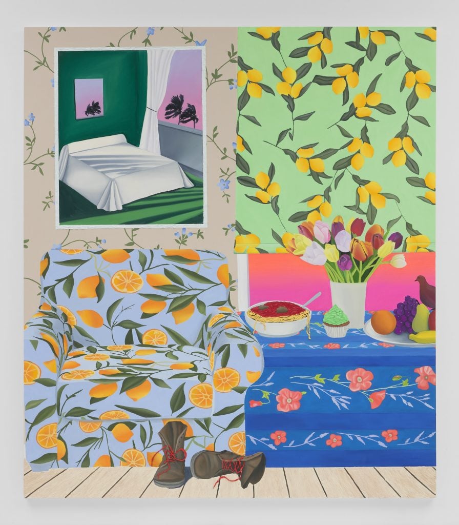 A painting of an interior featuring an upholstered chair with an orange and orange leaf pattern on light blue, a curtain featuring the same pattern but on a lime green background, a blue side table with orange flower and green leaf pattern on which there is a bowl of spaghetti, a cupcake, and a platter of fruit in front of a vase of multicolored tulips,, on the floor a pair of workboots, and above the chair a picture of the inside of a bedroom with a bed in white linens and an open window with an ombré blush sky and the silhouette of two palm trees.