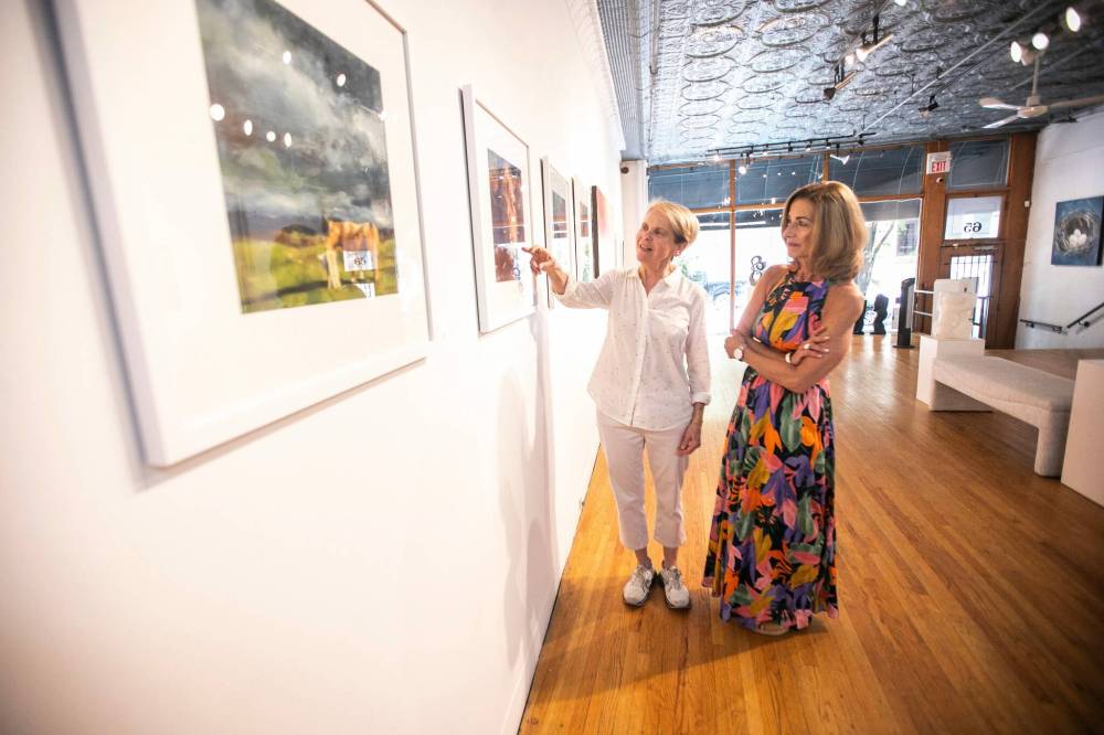 MIKAELA MACKENZIE / WINNIPEG FREE PRESS
                                Artist Bette Woodland (left) and gallery owner Julie Walsh explore the Look Closer exhibit at Soul Gallery Inc., which also features the work of artist Ann-Marie Brown.